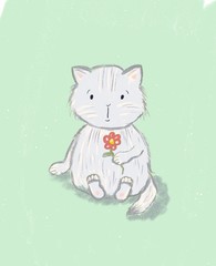 Gray kitten with a flower on a green textural background. Drawn in cartoon style digital.