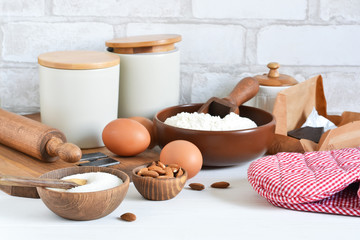Fototapeta na wymiar Ingredients for baking: flour, sugar, eggs, spices.