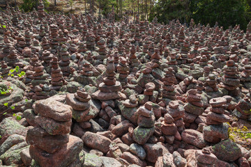 Area in the forest covered with many mysterious stone pyramids near the village Geta on the Aland...