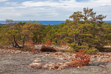 Scenic mountain landscape on the stony shore of Geta on the Aland islands, Finland