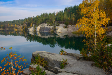 Golden autumn trees on the shore of a forest lake