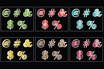 internet symbols vector set in multiple colors - dollar, hashtag, and symbol, e mail symbol, percentage