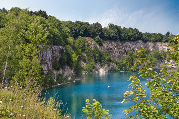 summer landscape blue lake with high rocky shores