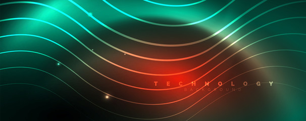 Shiny neon lines template - northern lights glowing blur lines. Futuristic style glow neon 80s disco club or night party techno template