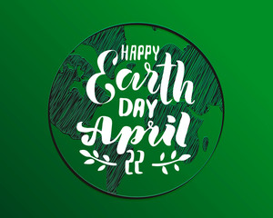 Handwritten lettering text 'Earth Day' with planet. sketched text for postcard banner template. typography for eco friendly ecology concept. World environment background. illustration.