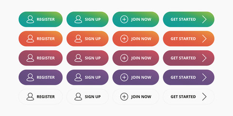 Fototapeta na wymiar Register buttons set - Register, Sign up, Join now, Get started modern button for website