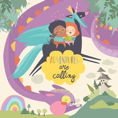 Naklejka premium Happy children, unicorn and funny monster. Adventures are calling