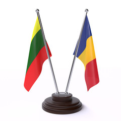 Lithuania and Romania, two table flags isolated on white background. 3d image