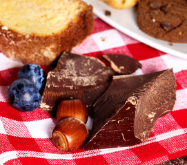 Chocolate lump with blueberry biscuit and cookie on picnic countrylike style checkered fabric.