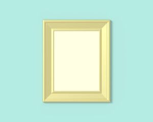 3x4 Vertical portrait frame mockup. Realisitc paper, wooden or plastic gold blank for photographs. Isolated poster frame mock up template on blue green background. 3D render.