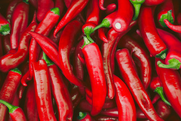 Fresh hot red chilli pepppers in the market as a food background
