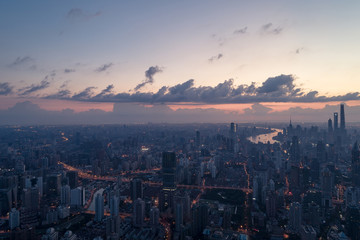Aerial view of business area and cityscape in the dawn, West Nanjing Road, Jing` an district, Shanghai