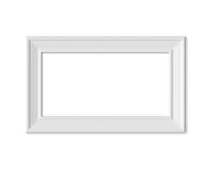 1x2 Horizontal Landacape picture frame mockup. Realisitc paper, wooden or plastic white blank for photographs. Isolated poster frame mock up template on white background. 3D render.