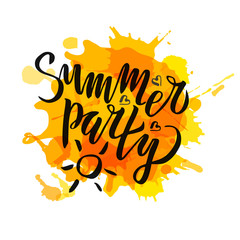 Summer party lettering Gradient Handwritten calligraphy, brush painted letters on blot background. Inspirational text in illustration. Template for flyer, banner, poster, greeting card