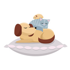 Flat cartoon illustration cat and hamster sleeps comfortably on dog. Sweet dreams of furry friends. Cute best friends sleeping dog, cat, hamster on pink pillow on white background