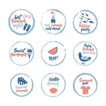 Hand drawn labels, stickers of summer with hand lettering