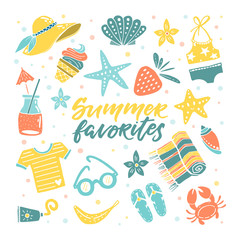 Beach accessories, set of summer favorites vector