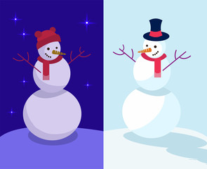 Set of two winter holidays Funny Snowmen at day and night. Emotional characters in funny hats are happy, White, blue, red flat illustration in cartoon style. Snowman by day and snowman by night