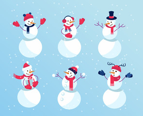 Set of winter holidays Funny Snowmen. Cheerful with gift. Emotional characters in mittens and funny hats are surprised, happy, give gifts, waving their hands. White, blue, red flat illustration