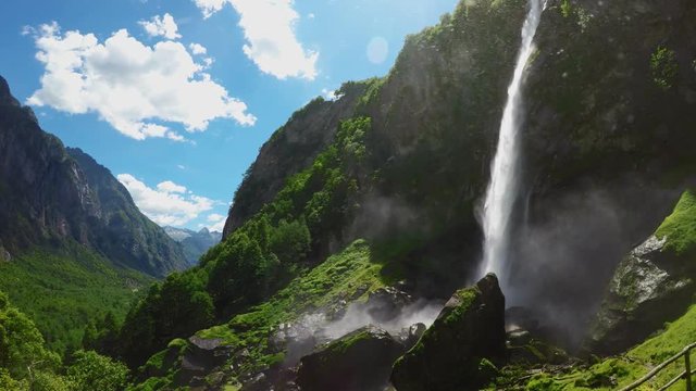 Foroglio waterfall with Swiss Alps in canton Ticino, Bavona valley, Switzerland, Europe. 