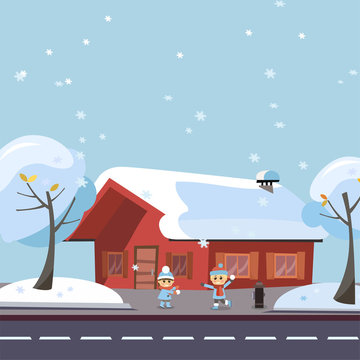 Flat winter scene children playing snowball fights. Happy kids boy and girl playing snowball fight game in front of the snowy house and trees by the road at Winter Season. Holiday banner, card