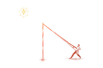Reaching stars metaphor, man in catapult pushing himself in sky