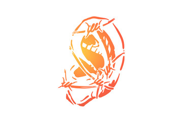 Ear in barbed wire, human sensory organ, earlobe wrapped by metal thorny cable