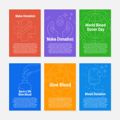 Blood donation icons set with donor arm, blood donation bag, blood drops symbols