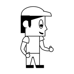 Young man with hat character cartoon in black and white