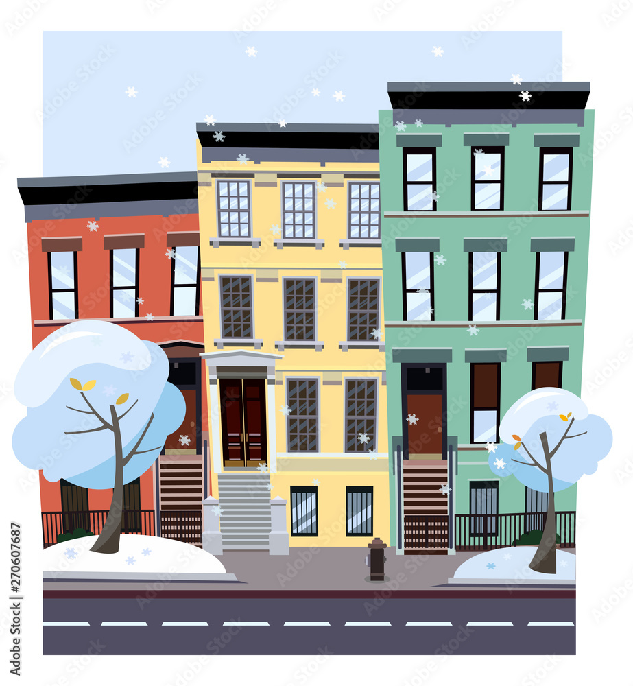 Wall mural nonlinear colorful houses look out of picture. flat cartoon style winter city street. tree houses fl