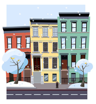 Nonlinear colorful houses look out of picture. Flat cartoon style winter city street. Tree houses flying snowflakes. Street cityscape. Day city landscape with snow-covered trees in foreground