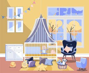 Fototapeta premium Newborn kid nursery room interior flat illustration of bedroom furniture. Childrens room with toys, chest of drawers with changing board, easy chair, bed with boy, window with autumn landscape