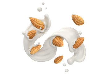Milk splash with almond seeds, Clipping path 3d illustration