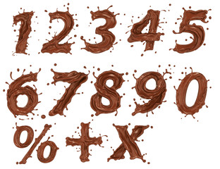 Chocolate numbers splash isolated on a white background, 3d rendering.