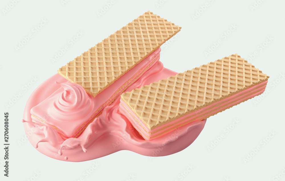 Canvas Prints crispy wafer with milk cream splash, or strawberry flavor, with clipping path 3d illustration.