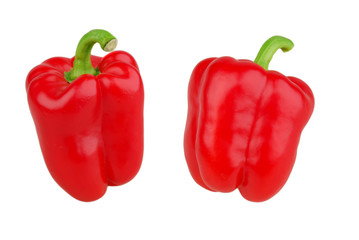 Sweet red bell pepper with green stem isolated on white background. Red sweet pepper isolated with...