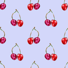 Watercolor seamless pattern from red juicy cherries. Sketch drawing. Food background, painted bright composition. Hand drawn food illustration. Fruit print. Summer sweet fruits and berries.