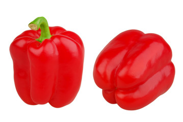 Sweet red bell pepper with green stem isolated on white background. Red sweet pepper isolated with clipping path.