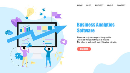Webpage Template. Business analytics software blue arrow. Finance concept.	