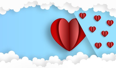 Fototapeta na wymiar heart vector fly in the sky with cloud,illustration, paper art style, copy space for text