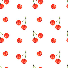 Watercolor seamless pattern from red juicy cherries. Sketch drawing. Food background, painted bright composition. Hand drawn food illustration. Fruit print. Summer sweet fruits and berries.