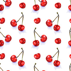 Akwarela bezszwowe wzór z czerwonych soczystych wiśni. Rysunek szkic. Tło żywności, malowane jasne kompozycja. Ręcznie rysowane ilustracja jedzenie. Nadruk owocowy. Letnie słodkie owoce i jagody. - 270609034