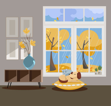 Window with a view of yellow trees and flying leaves. Autumn interior with sleeping cat and dog, vases, pictures on grey wallpaper. Rainy good weather outside. Flat cartoon style illustration.