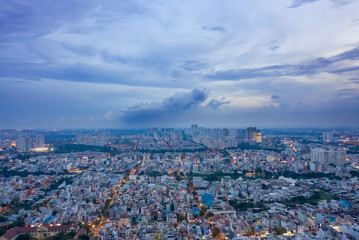 High Density Suburban area at Twilight Aerial of SE Asian City