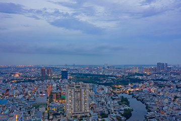 High Density Suburban area at Twilight Aerial of SE Asian City