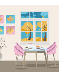 Flat illustration Dining table with chairs and coffee cups near window with autumn view and yellow thees, colorful illustration in cartoon flat style on beige background.