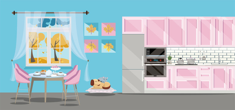 Flat illustration Kitchen set of pink color on blue background with cat dog ang kitchen accessories: fridge, oven, microwave. Dining table by window with tea and teapot. outside the window is autumn.