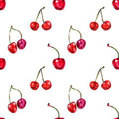 Watercolor seamless pattern from red juicy cherries. Sketch drawing. Food background, painted bright composition. Hand drawn food illustration. Fruit print. Summer sweet fruits and berries.