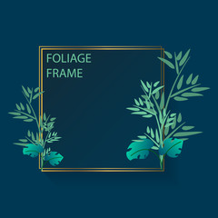 Tropical greenery foliage frame background. Frame background with tropical foliage ornament