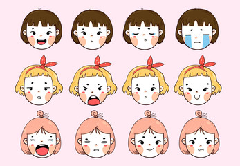 Three kawaii girls with various face emotions. Different cute funny characters with various haircuts. Hand drawn vector set. Colored trendy illustration. Flat design. All elements are isolated